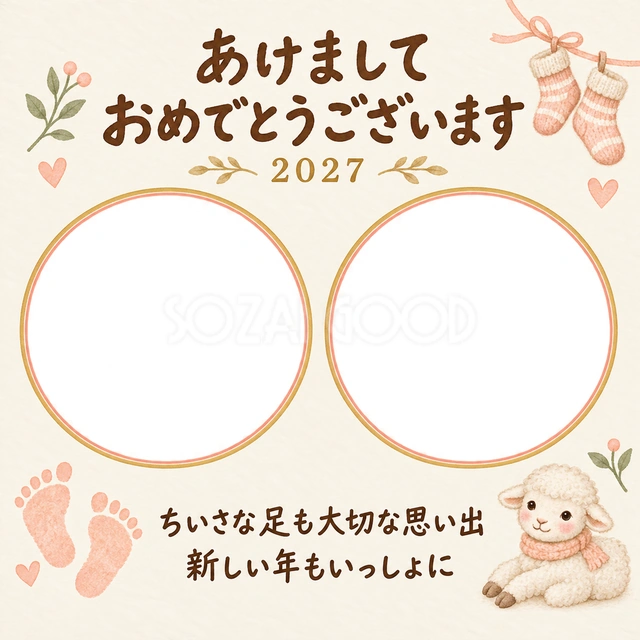 ちいさな靴下と新年の写真年賀状の無料イラスト