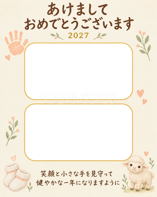 縦長の手と笑顔アルバムの写真年賀状の無料イラスト