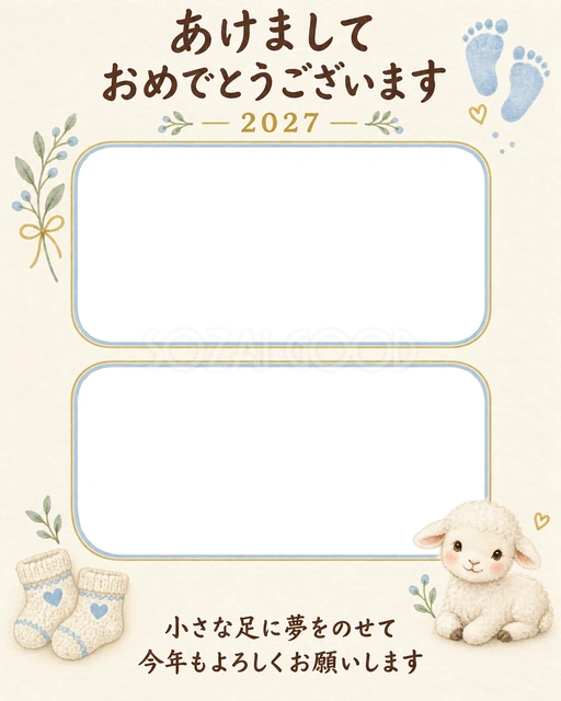縦長の足と成長アルバムの写真年賀状の無料イラスト