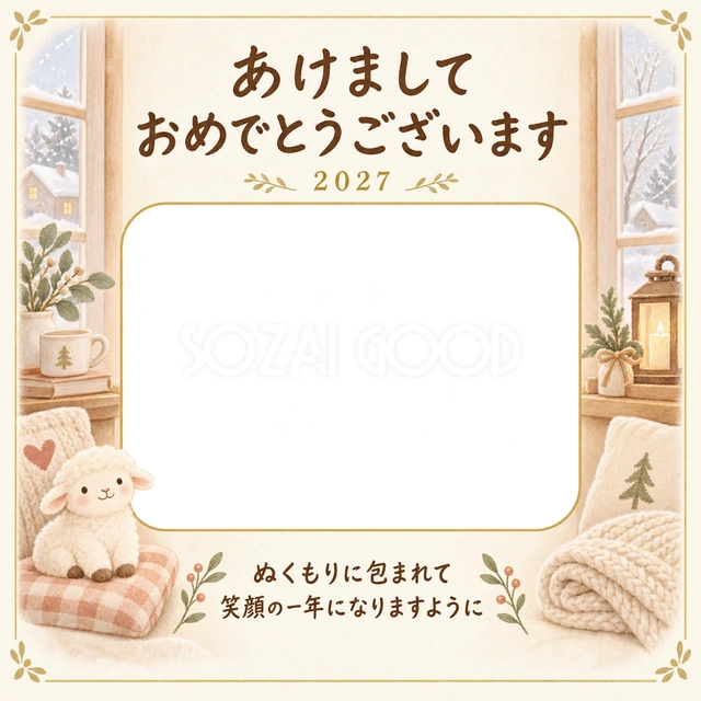 ニットと小さな幸せの写真年賀状の無料イラスト