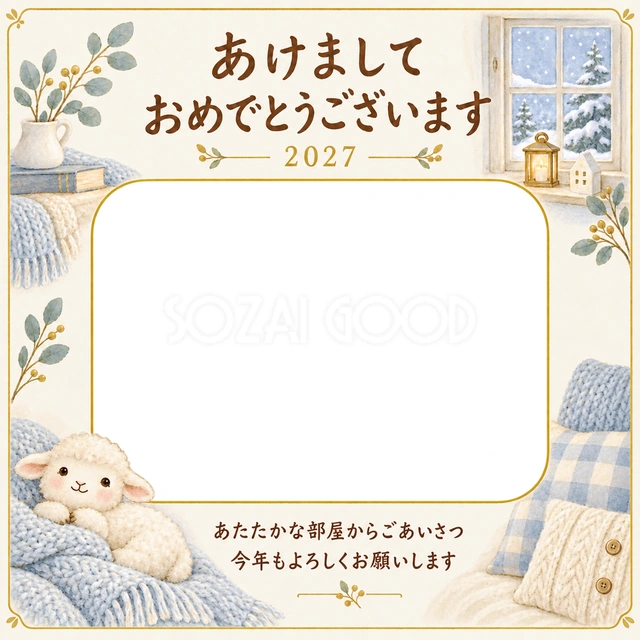 冬の窓辺で新年の写真年賀状の無料イラスト