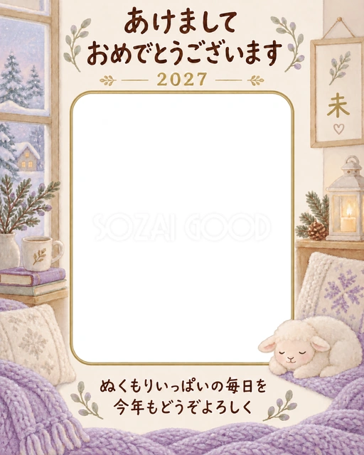 縦長の毛布と羊の写真年賀状の無料イラスト