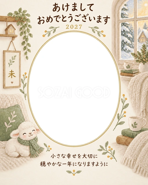 縦長のひだまりクッションの写真年賀状の無料イラスト