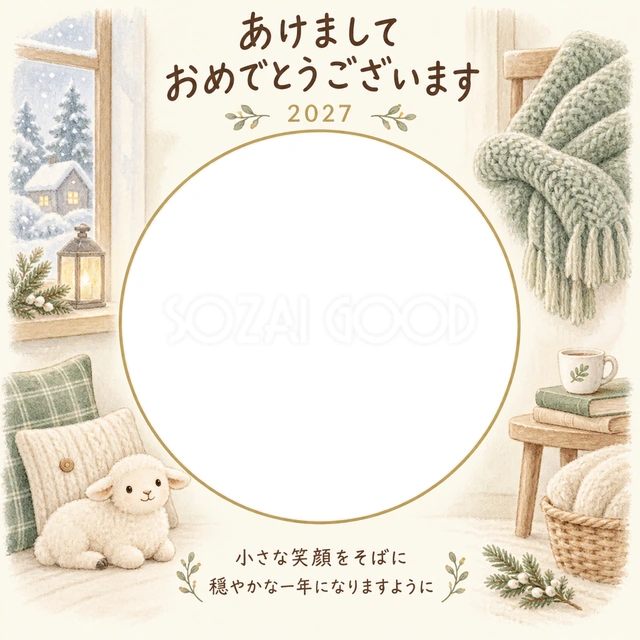 ふわふわクッションと羊の写真年賀状の無料イラスト