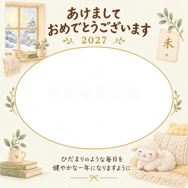 ひだまりのお部屋の写真年賀状の無料イラスト