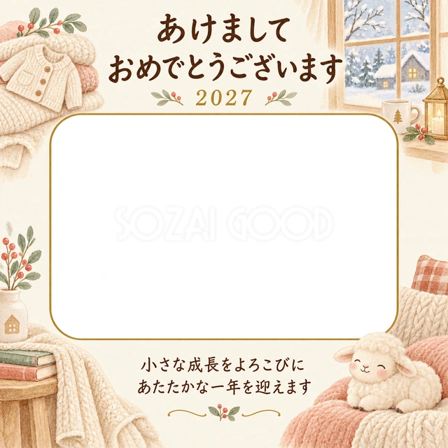小さなニットの贈り物の写真年賀状の無料イラスト
