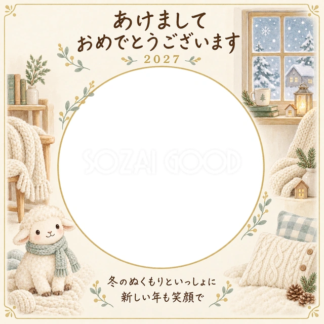 冬の窓とぬくぬく羊の写真年賀状の無料イラスト