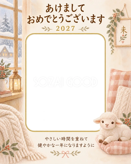 縦長のニットと笑顔の写真年賀状の無料イラスト
