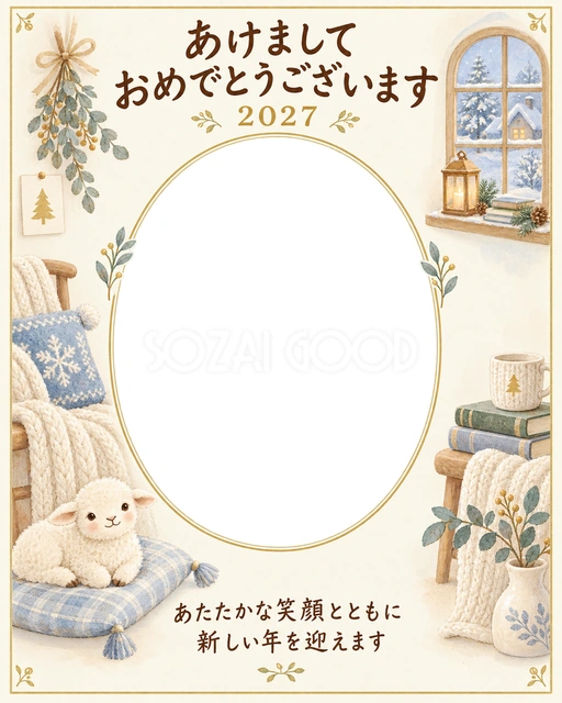 縦長の冬の窓辺の写真年賀状の無料イラスト