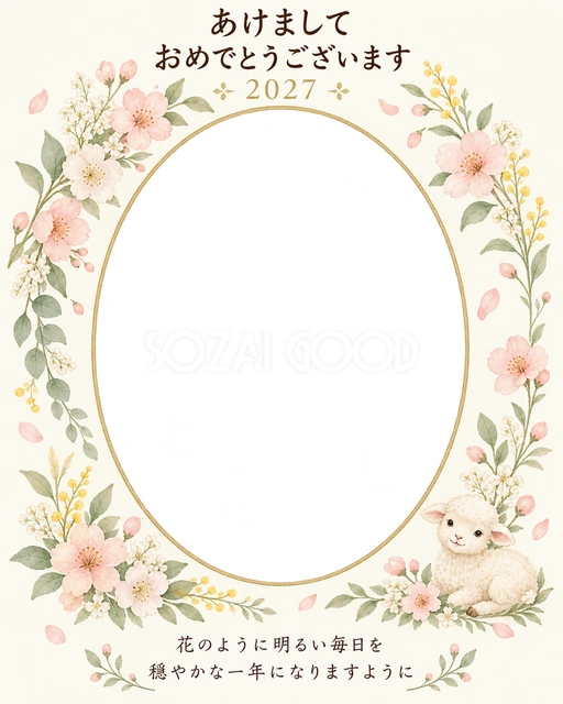 縦長の桃色の花のアーチの写真年賀状の無料イラスト