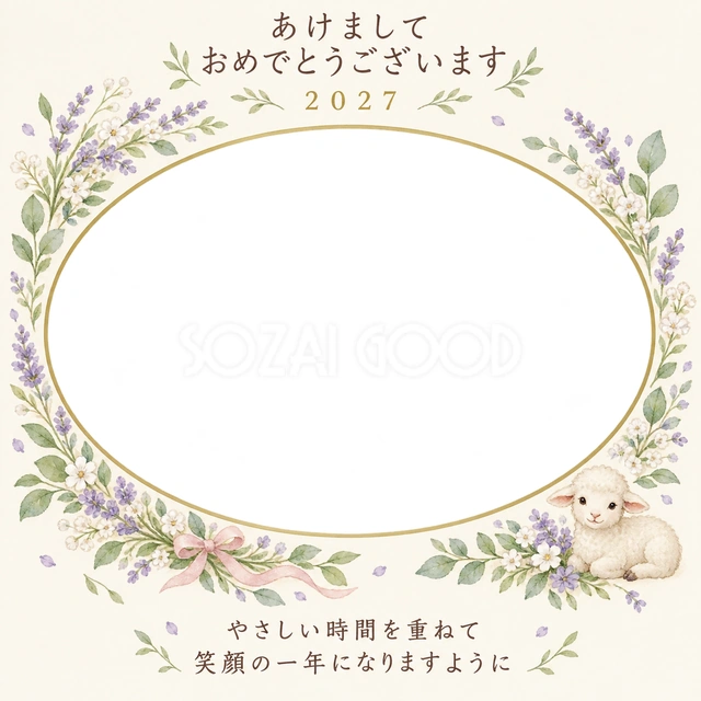 ラベンダーの花のゆりかごの写真年賀状の無料イラスト