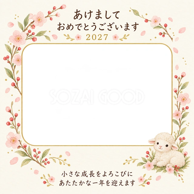 梅の花と小さな羊の写真年賀状の無料イラスト