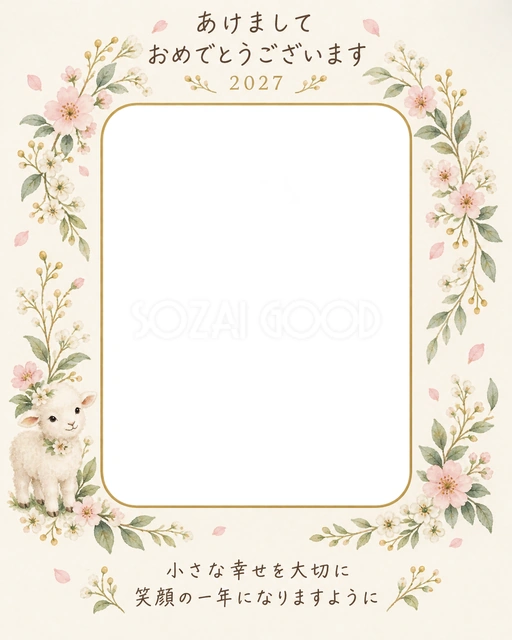 縦長の小花のゆりかごの写真年賀状の無料イラスト
