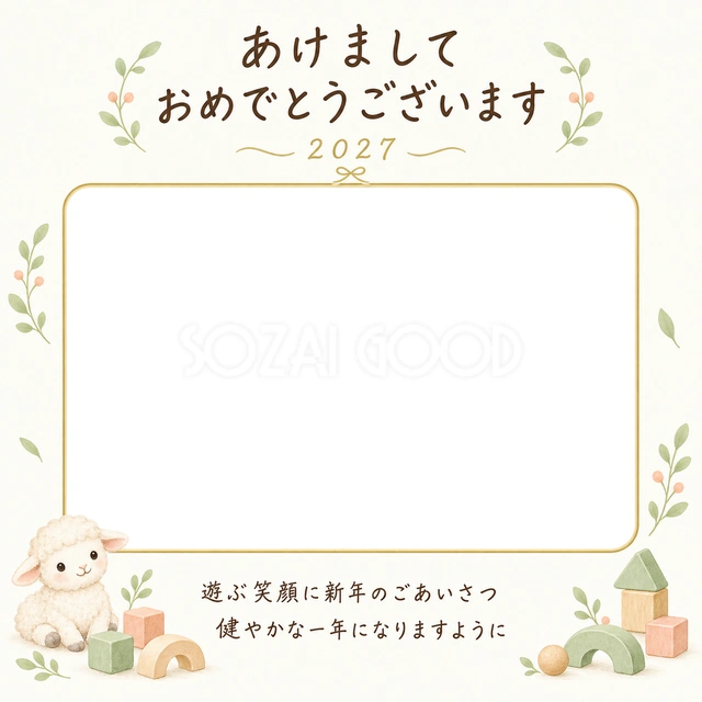 積み木と小さな羊の写真年賀状の無料イラスト