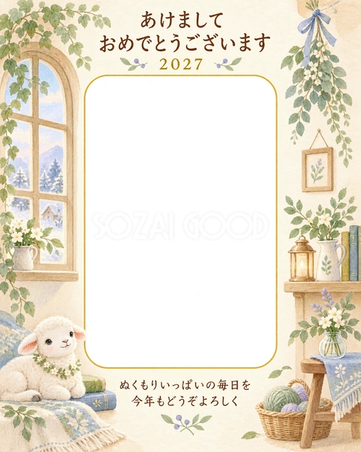 縦長の森の小部屋の写真年賀状の無料イラスト