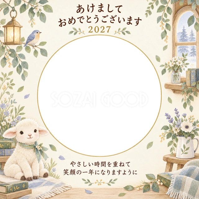森の小部屋と羊の写真年賀状の無料イラスト