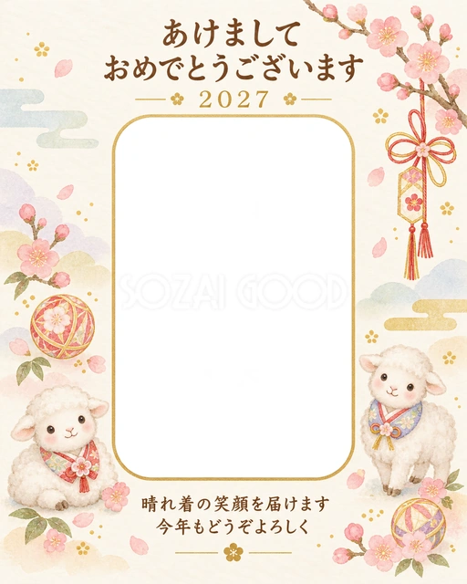 縦長の水引と梅の写真年賀状の無料イラスト