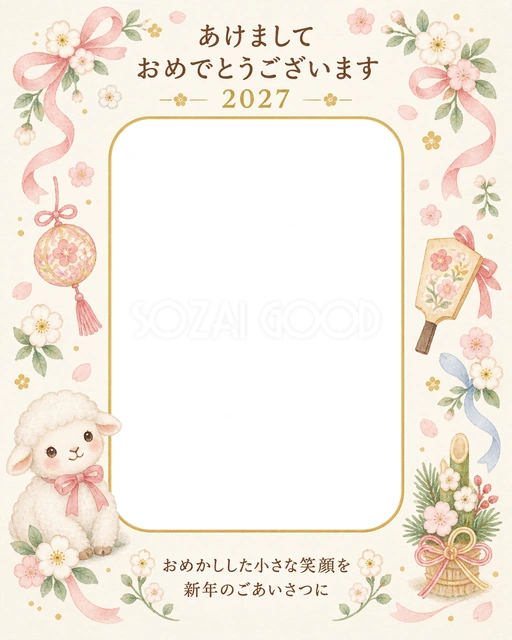 縦長の桃色リボンの写真年賀状の無料イラスト