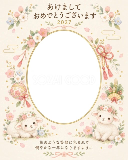 縦長の小花の花冠の写真年賀状の無料イラスト