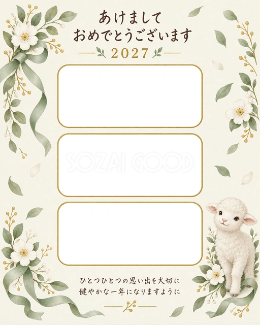 縦長の三枚と葉の無料年賀状イラスト