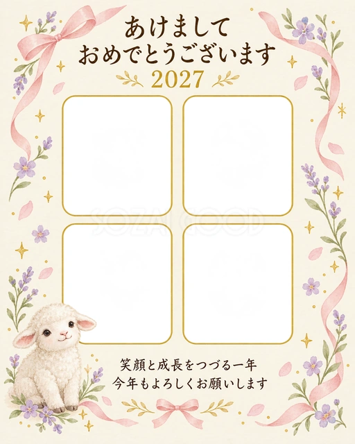 縦長の四枚とリボンの無料年賀状イラスト