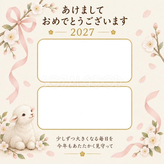 二枚を結ぶ桃色リボンの無料年賀状イラスト