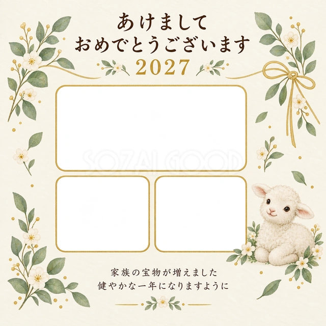 三枚と葉の飾りの無料年賀状イラスト