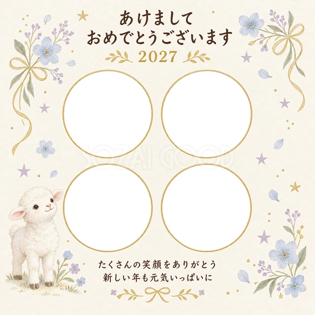 四枚と金色の星の無料年賀状イラスト