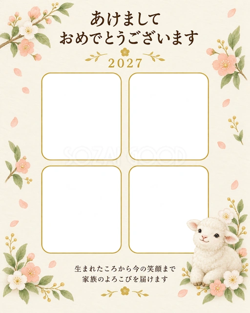 縦長の四枚アルバムの無料年賀状イラスト