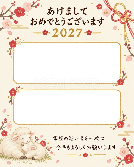 縦長の二枚と水引の無料年賀状イラスト