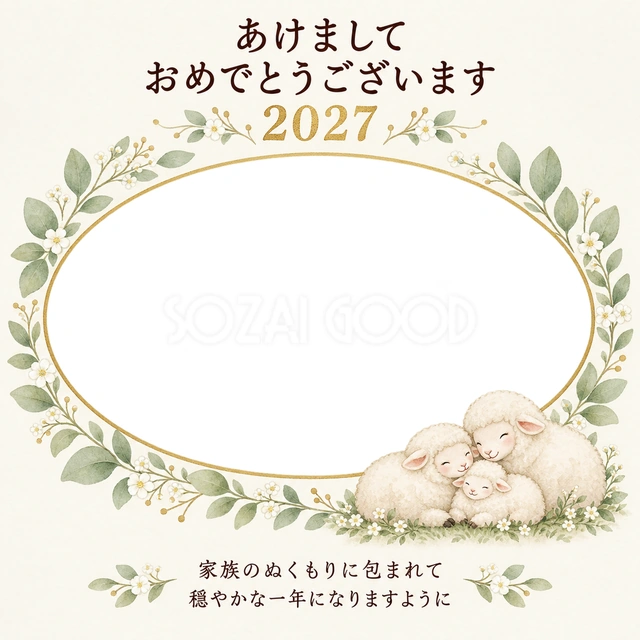葉のリースと家族の輪の無料年賀状イラスト