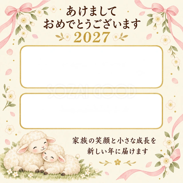 二枚をつなぐ桃色リボンの無料年賀状イラスト