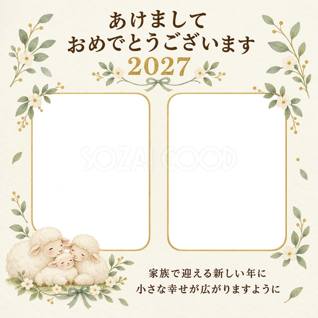 並ぶ二枚と葉の飾りの無料年賀状イラスト