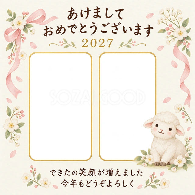 リボンとおすわり記念の無料年賀状イラスト