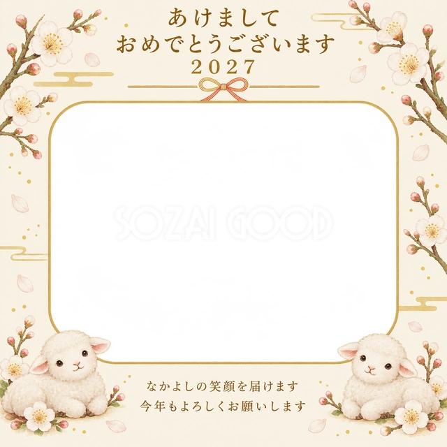 白梅と金の細枠の無料年賀状イラスト