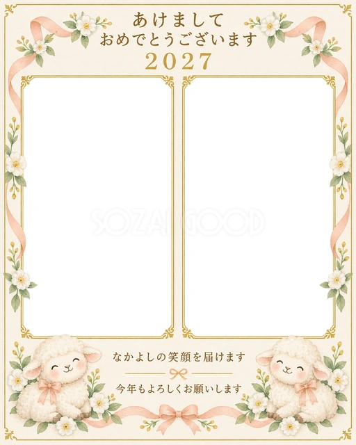 縦長のふたりのリボンの無料年賀状イラスト