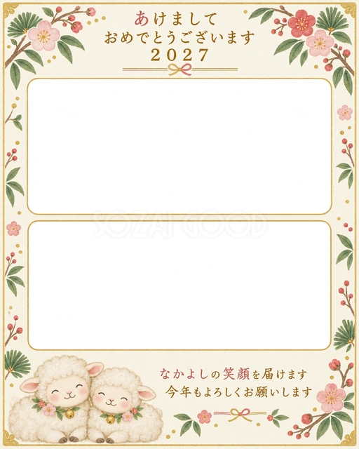 縦長の梅と葉の無料年賀状イラスト