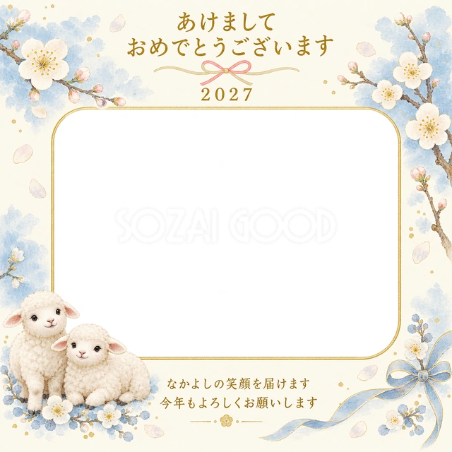 淡い青と白梅の無料年賀状イラスト