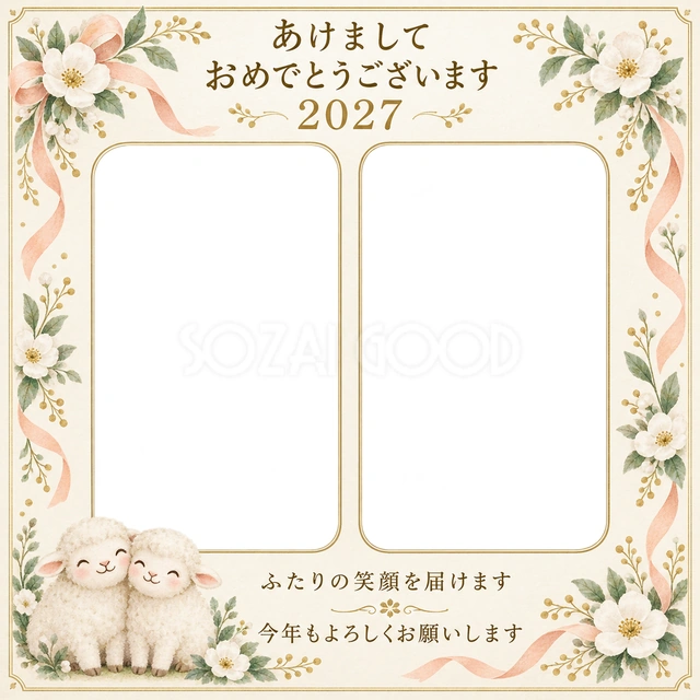 小花と桃色リボンの無料年賀状イラスト