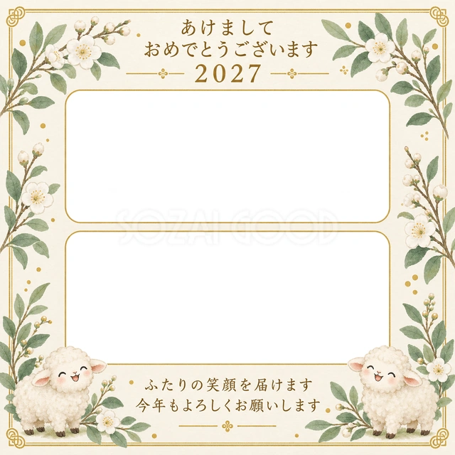 上下の写真と緑の葉の無料年賀状イラスト