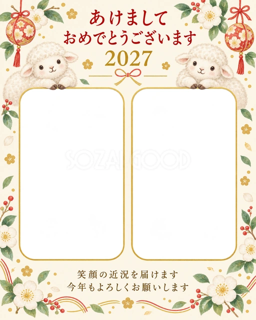 ふたりの丸飾りの無料年賀状イラスト