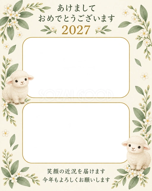 葉と白い小花の無料年賀状イラスト