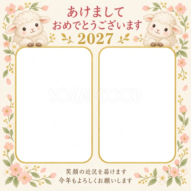 桃色と白の小花の無料年賀状イラスト
