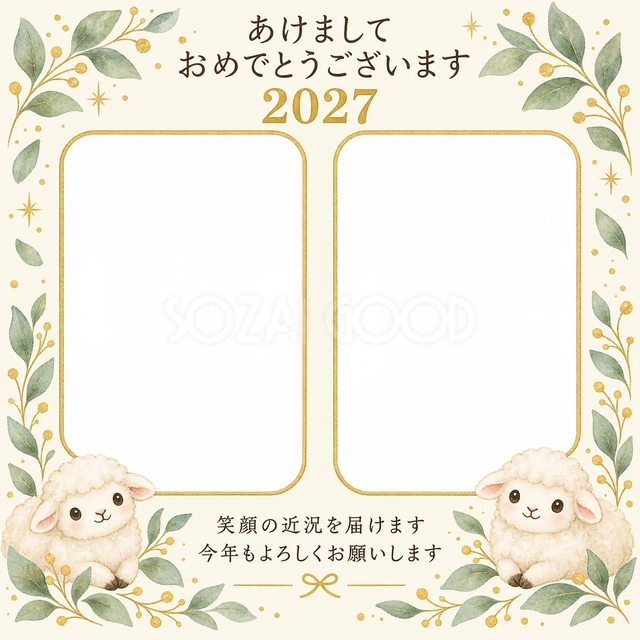 葉と金色の光の無料年賀状イラスト