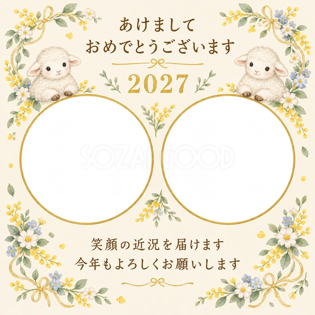 小花の丸いリースの無料年賀状イラスト