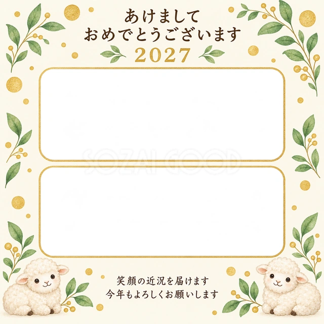 丸飾りと緑の葉の無料年賀状イラスト