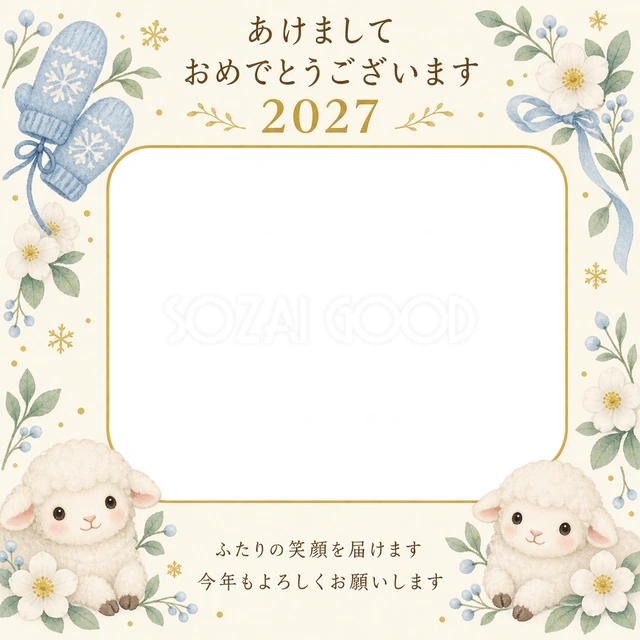 青い手袋と白い花の無料年賀状イラスト