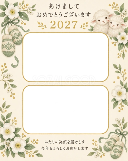 手袋と白い花の無料年賀状イラスト