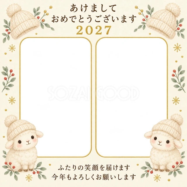 おそろいのニット帽の無料年賀状イラスト