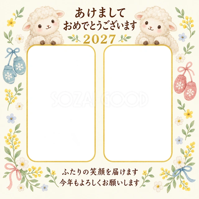 ふたつの手袋と小花の無料年賀状イラスト